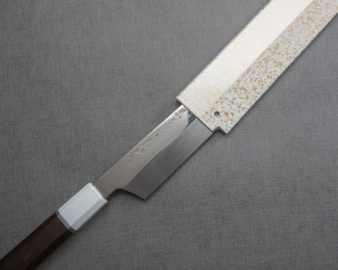 Sakai Takayuki "Sinuchi Hienn" Mizu-Honyaki Shirogami #2 Mirror-Finish 300mm Kiritsuke Yanagiba with Ebony Handle and Shiroishime Saya