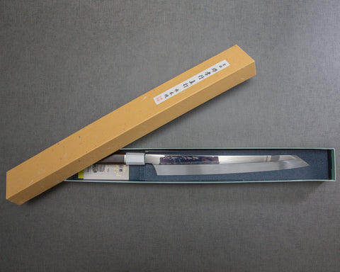 Sakai Takayuki "Sinuchi Hienn" Mizu-Honyaki Shirogami #2 Mirror-Finish 300mm Kiritsuke Yanagiba with Ebony Handle and Shiroishime Saya