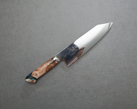 Kenji Togashi Shirogami #2 Mizu-Honyaki Mirror Ripple 180mm Bunka with Stabilized Wood / Polished Twilight Blue Acrylic Handle