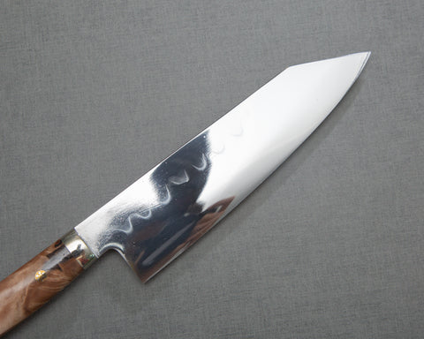 Kenji Togashi Shirogami #2 Mizu-Honyaki Mirror Ripple 180mm Bunka with Stabilized Wood / Polished Twilight Blue Acrylic Handle