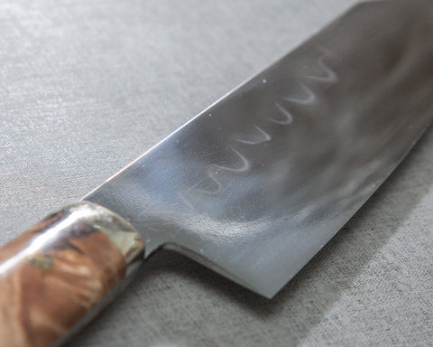 Kenji Togashi Shirogami #2 Mizu-Honyaki Mirror Ripple 180mm Bunka with Stabilized Wood / Polished Twilight Blue Acrylic Handle