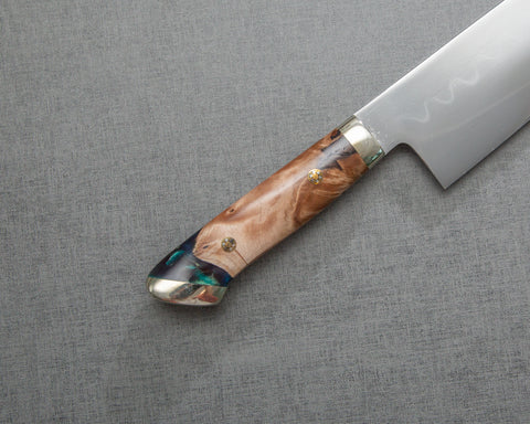 Kenji Togashi Shirogami #2 Mizu-Honyaki Mirror Ripple 180mm Bunka with Stabilized Wood / Polished Twilight Blue Acrylic Handle