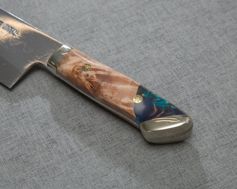 Kenji Togashi Shirogami #2 Mizu-Honyaki Mirror Ripple 180mm Bunka with Stabilized Wood / Polished Twilight Blue Acrylic Handle