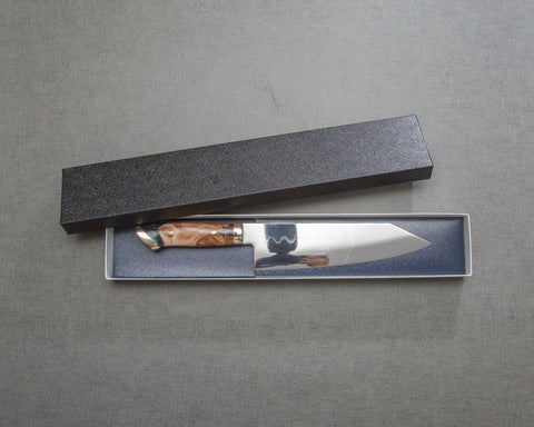 Kenji Togashi Shirogami #2 Mizu-Honyaki Mirror Ripple 180mm Bunka with Stabilized Wood / Polished Twilight Blue Acrylic Handle