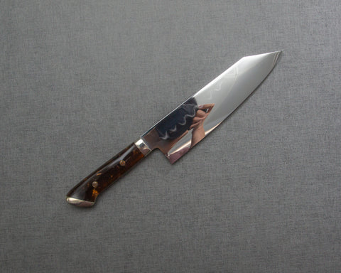 Kenji Togashi Shirogami #2 Mizu-Honyaki Mirror Ripple 180mm Bunka with Polished Tigereye Acrylic Handle