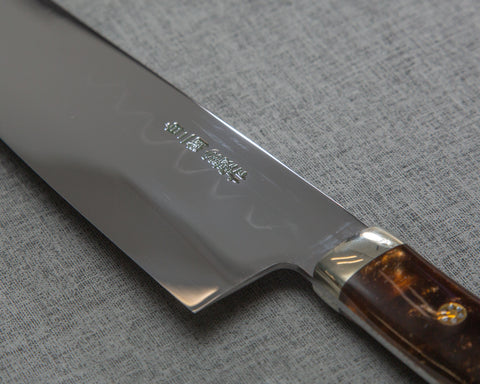 Kenji Togashi Shirogami #2 Mizu-Honyaki Mirror Ripple 180mm Bunka with Polished Tigereye Acrylic Handle