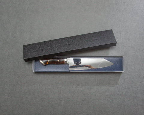 Kenji Togashi Shirogami #2 Mizu-Honyaki Mirror Ripple 180mm Bunka with Polished Tigereye Acrylic Handle