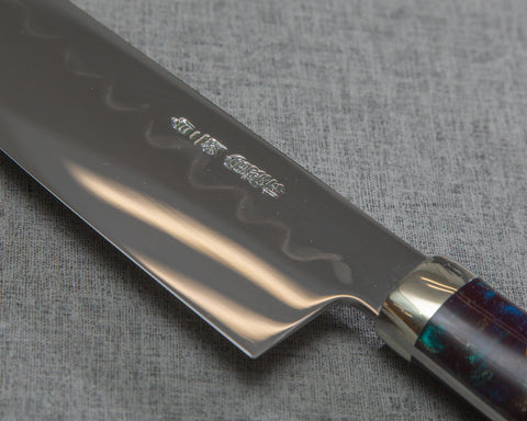 Kenji Togashi Shirogami #2 Mizu-Honyaki Mirror Ripple 180mm Bunka with Polished Twilight Blue and Bronzite Acrylic Handle