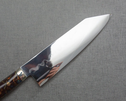Kenji Togashi Shirogami #2 Mizu-Honyaki Mirror Ripple 180mm Bunka with Polished Twilight Blue and Bronzite Acrylic Handle
