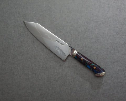 Kenji Togashi Shirogami #2 Mizu-Honyaki Mirror Ripple 180mm Bunka with Polished Twilight Blue and Bronzite Acrylic Handle