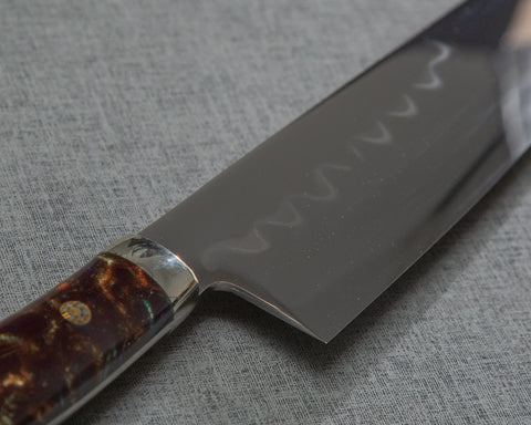 Kenji Togashi Shirogami #2 Mizu-Honyaki Mirror Ripple 180mm Bunka with Polished Twilight Blue and Bronzite Acrylic Handle