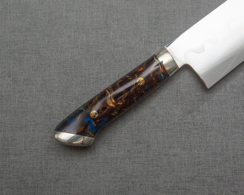 Kenji Togashi Shirogami #2 Mizu-Honyaki Mirror Ripple 180mm Bunka with Polished Twilight Blue and Bronzite Acrylic Handle