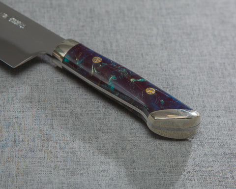 Kenji Togashi Shirogami #2 Mizu-Honyaki Mirror Ripple 180mm Bunka with Polished Twilight Blue and Bronzite Acrylic Handle