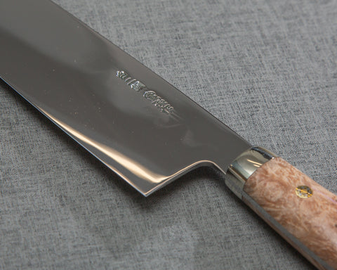 Kenji Togashi Shirogami #2 Mizu-Honyaki Mirror Ripple 210mm Gyuto with Stabilized Wood / Polished Tigereye Acrylic Handle