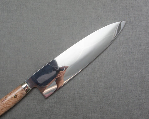 Kenji Togashi Shirogami #2 Mizu-Honyaki Mirror Ripple 210mm Gyuto with Stabilized Wood / Polished Tigereye Acrylic Handle