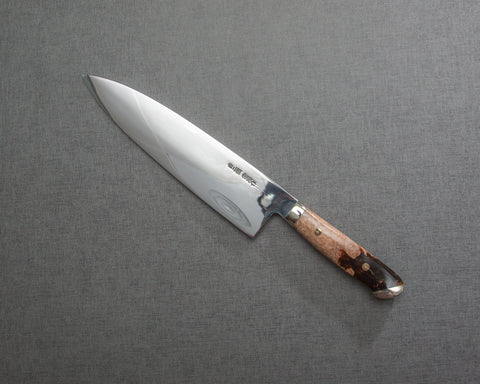 Kenji Togashi Shirogami #2 Mizu-Honyaki Mirror Ripple 210mm Gyuto with Stabilized Wood / Polished Tigereye Acrylic Handle