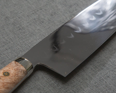 Kenji Togashi Shirogami #2 Mizu-Honyaki Mirror Ripple 210mm Gyuto with Stabilized Wood / Polished Tigereye Acrylic Handle
