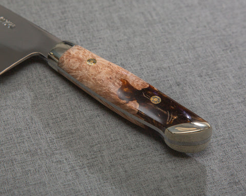 Kenji Togashi Shirogami #2 Mizu-Honyaki Mirror Ripple 210mm Gyuto with Stabilized Wood / Polished Tigereye Acrylic Handle
