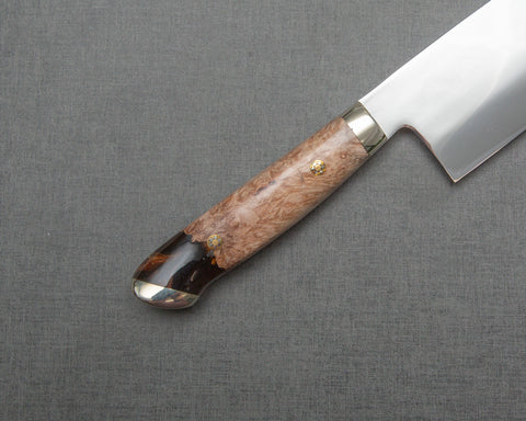 Kenji Togashi Shirogami #2 Mizu-Honyaki Mirror Ripple 210mm Gyuto with Stabilized Wood / Polished Tigereye Acrylic Handle