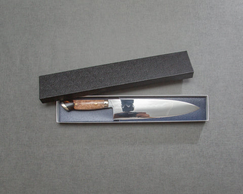Kenji Togashi Shirogami #2 Mizu-Honyaki Mirror Ripple 210mm Gyuto with Stabilized Wood / Polished Tigereye Acrylic Handle