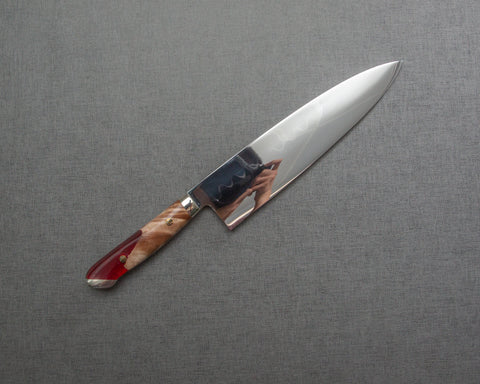 Kenji Togashi Shirogami #2 Mizu-Honyaki Mirror Ripple 210mm Gyuto with Stabilized Wood / Polished Ruby Acrylic Handle