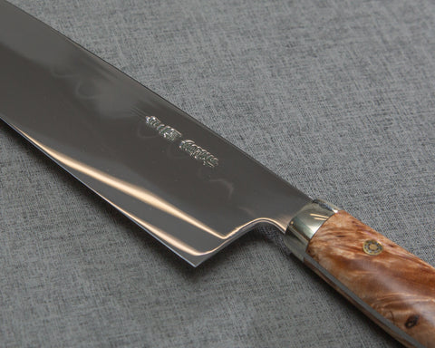 Kenji Togashi Shirogami #2 Mizu-Honyaki Mirror Ripple 210mm Gyuto with Stabilized Wood / Polished Ruby Acrylic Handle