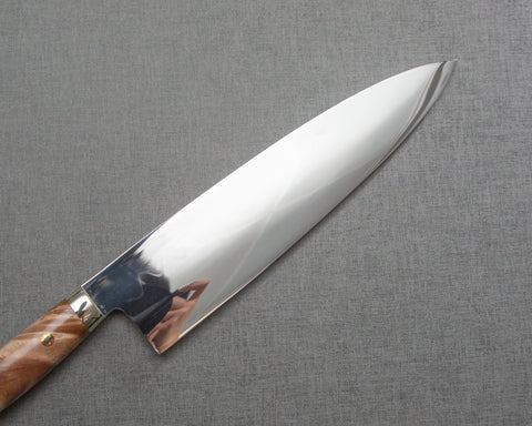 Kenji Togashi Shirogami #2 Mizu-Honyaki Mirror Ripple 210mm Gyuto with Stabilized Wood / Polished Ruby Acrylic Handle