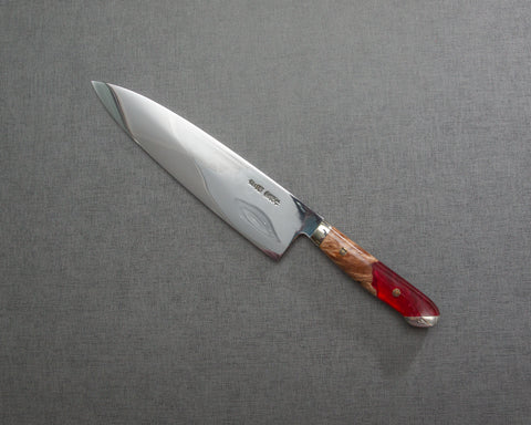 Kenji Togashi Shirogami #2 Mizu-Honyaki Mirror Ripple 210mm Gyuto with Stabilized Wood / Polished Ruby Acrylic Handle
