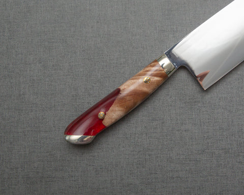 Kenji Togashi Shirogami #2 Mizu-Honyaki Mirror Ripple 210mm Gyuto with Stabilized Wood / Polished Ruby Acrylic Handle