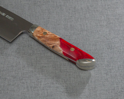 Kenji Togashi Shirogami #2 Mizu-Honyaki Mirror Ripple 210mm Gyuto with Stabilized Wood / Polished Ruby Acrylic Handle