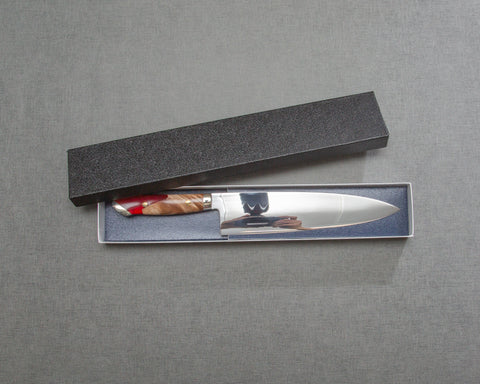 Kenji Togashi Shirogami #2 Mizu-Honyaki Mirror Ripple 210mm Gyuto with Stabilized Wood / Polished Ruby Acrylic Handle