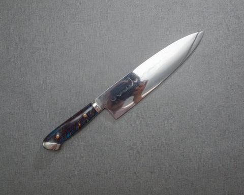 Kenji Togashi Shirogami #2 Mizu-Honyaki Mirror Ripple 240mm Gyuto with Polished Twilight Blue Acrylic Handle