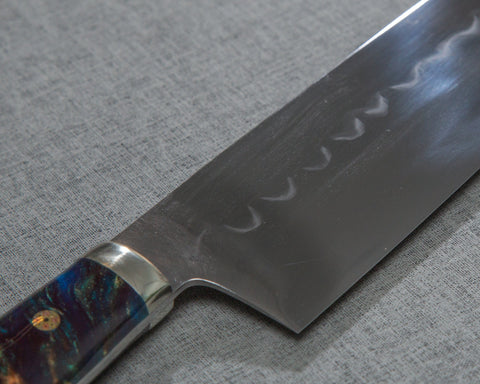 Kenji Togashi Shirogami #2 Mizu-Honyaki Mirror Ripple 240mm Gyuto with Polished Twilight Blue Acrylic Handle