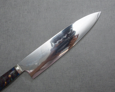 Kenji Togashi Shirogami #2 Mizu-Honyaki Mirror Ripple 240mm Gyuto with Polished Twilight Blue Acrylic Handle