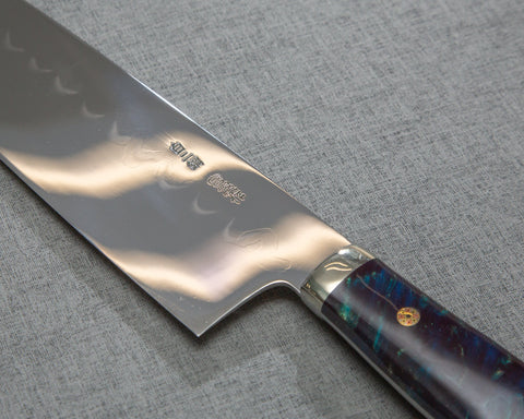 Kenji Togashi Shirogami #2 Mizu-Honyaki Mirror Ripple 240mm Gyuto with Polished Twilight Blue Acrylic Handle
