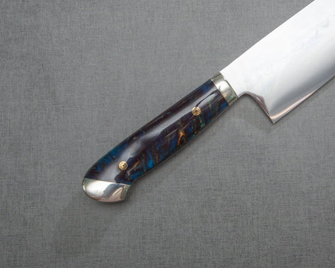 Kenji Togashi Shirogami #2 Mizu-Honyaki Mirror Ripple 240mm Gyuto with Polished Twilight Blue Acrylic Handle