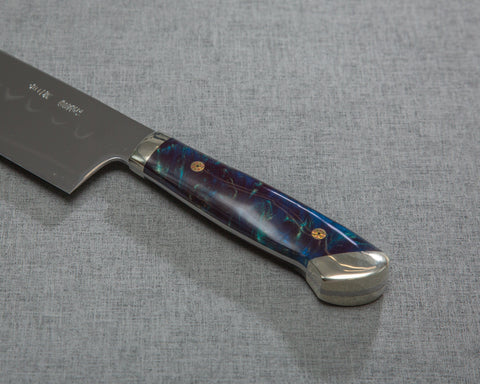 Kenji Togashi Shirogami #2 Mizu-Honyaki Mirror Ripple 240mm Gyuto with Polished Twilight Blue Acrylic Handle