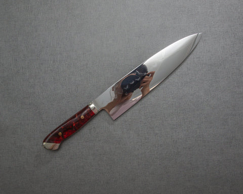 Kenji Togashi Shirogami #2 Mizu-Honyaki Mirror Ripple 240mm Gyuto with Polished Ruby Acrylic Handle