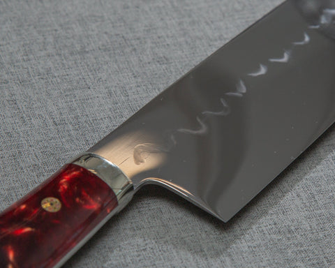 Kenji Togashi Shirogami #2 Mizu-Honyaki Mirror Ripple 240mm Gyuto with Polished Ruby Acrylic Handle