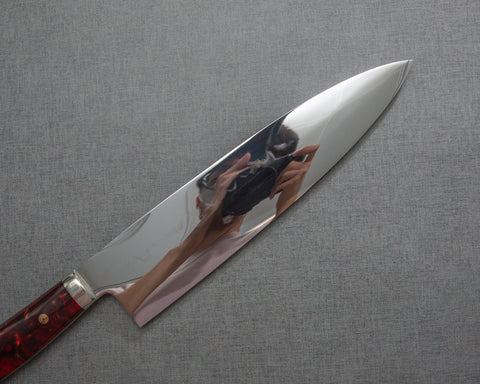 Kenji Togashi Shirogami #2 Mizu-Honyaki Mirror Ripple 240mm Gyuto with Polished Ruby Acrylic Handle