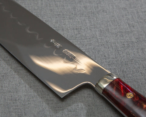 Kenji Togashi Shirogami #2 Mizu-Honyaki Mirror Ripple 240mm Gyuto with Polished Ruby Acrylic Handle