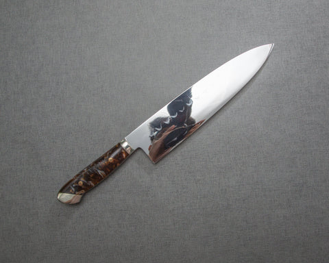 Kenji Togashi Shirogami #2 Mizu-Honyaki Mirror Ripple 240mm Gyuto with Polished Tigereye Acrylic Handle