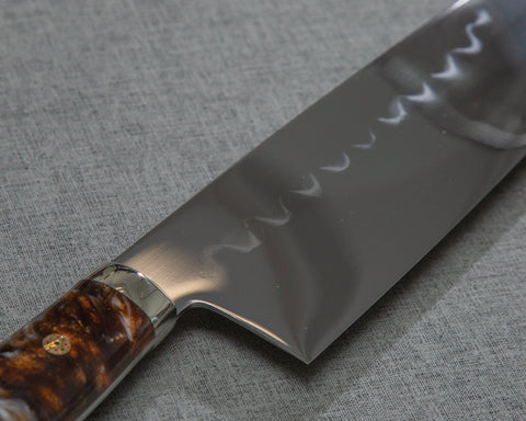 Kenji Togashi Shirogami #2 Mizu-Honyaki Mirror Ripple 240mm Gyuto with Polished Tigereye Acrylic Handle