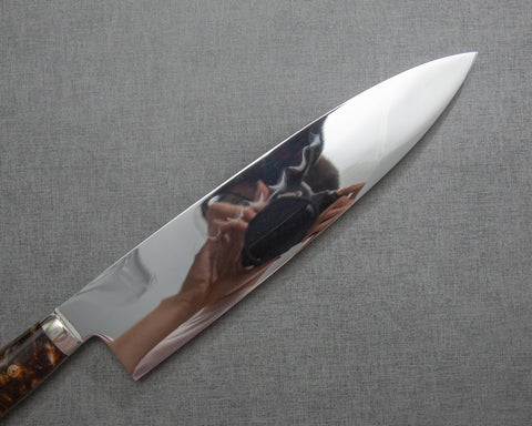Kenji Togashi Shirogami #2 Mizu-Honyaki Mirror Ripple 240mm Gyuto with Polished Tigereye Acrylic Handle