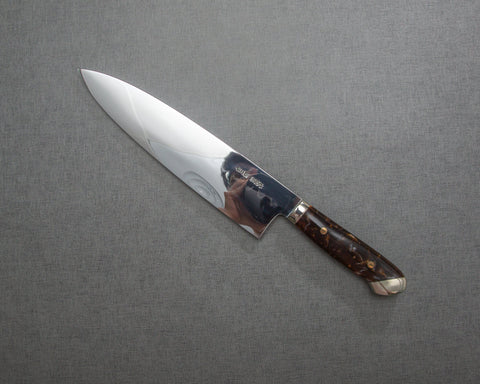 Kenji Togashi Shirogami #2 Mizu-Honyaki Mirror Ripple 240mm Gyuto with Polished Tigereye Acrylic Handle