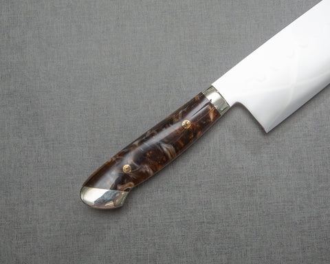 Kenji Togashi Shirogami #2 Mizu-Honyaki Mirror Ripple 240mm Gyuto with Polished Tigereye Acrylic Handle