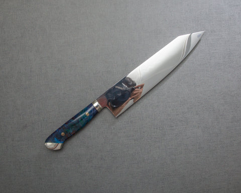 Kenji Togashi Shirogami #2 Mizu-Honyaki Mirror Ripple 240mm Kiritsuke Gyuto with Polished Flowing Blue River Acrylic Handle