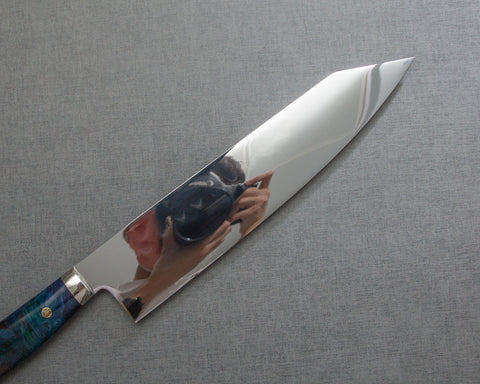 Kenji Togashi Shirogami #2 Mizu-Honyaki Mirror Ripple 240mm Kiritsuke Gyuto with Polished Flowing Blue River Acrylic Handle