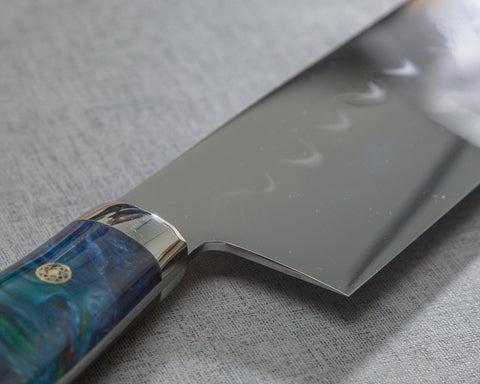 Kenji Togashi Shirogami #2 Mizu-Honyaki Mirror Ripple 240mm Kiritsuke Gyuto with Polished Flowing Blue River Acrylic Handle