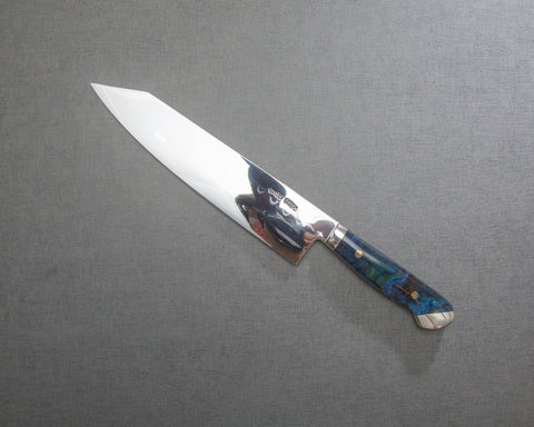 Kenji Togashi Shirogami #2 Mizu-Honyaki Mirror Ripple 240mm Kiritsuke Gyuto with Polished Flowing Blue River Acrylic Handle